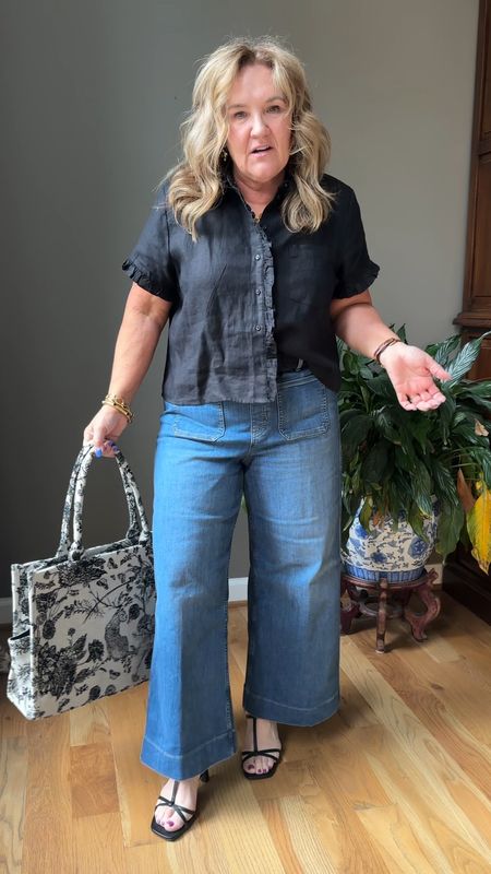 Todays ootd. 

Jeans size XL REG 10% off code NANETTEXSPANXX
BLOUSE size 12.large 
Sandals tts 

Spanx jeans wide leg cropped jeans 
JCREW linen blouse Oprah jeans 

#LTKOver40 #LTKMidsize #LTKSeasonal
