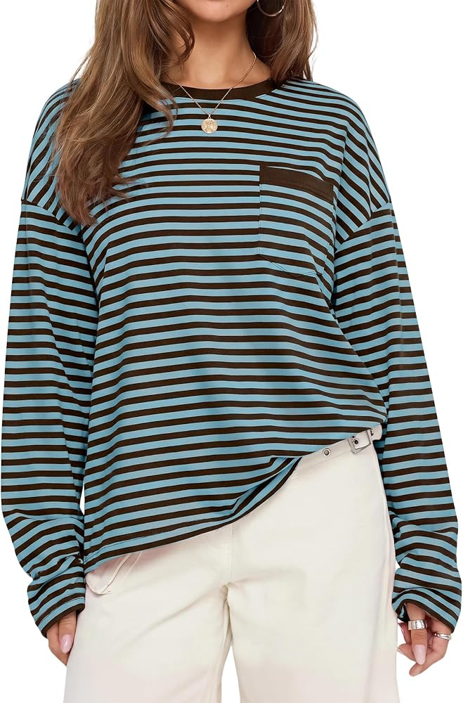 Women's Oversized Striped Long Sleeve Crew Neck T-Shirt | Amazon (US)