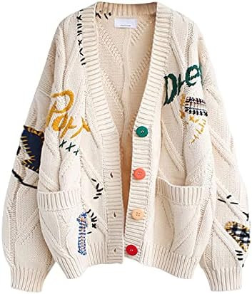Women's Cable Knit Long Sleeve Open Front Cardigan Sheep V-Neck Button Down Embroidery Wool Blend... | Amazon (US)