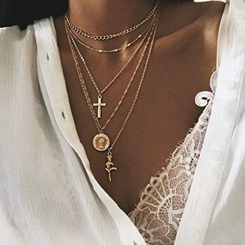 Fstrend Holy Layered Cross Necklace Gold Choker Coin Chain Rose Flower Pendant Multilayered Long Nec | Amazon (US)