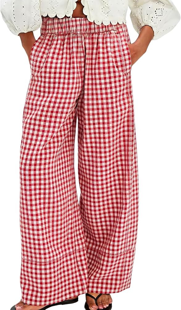 Athlisan Womens Summer Gingham Plaid Palazzo Pants Casual Wide Leg Lounge Trousers Beach Vacation Outfits | Amazon (US)