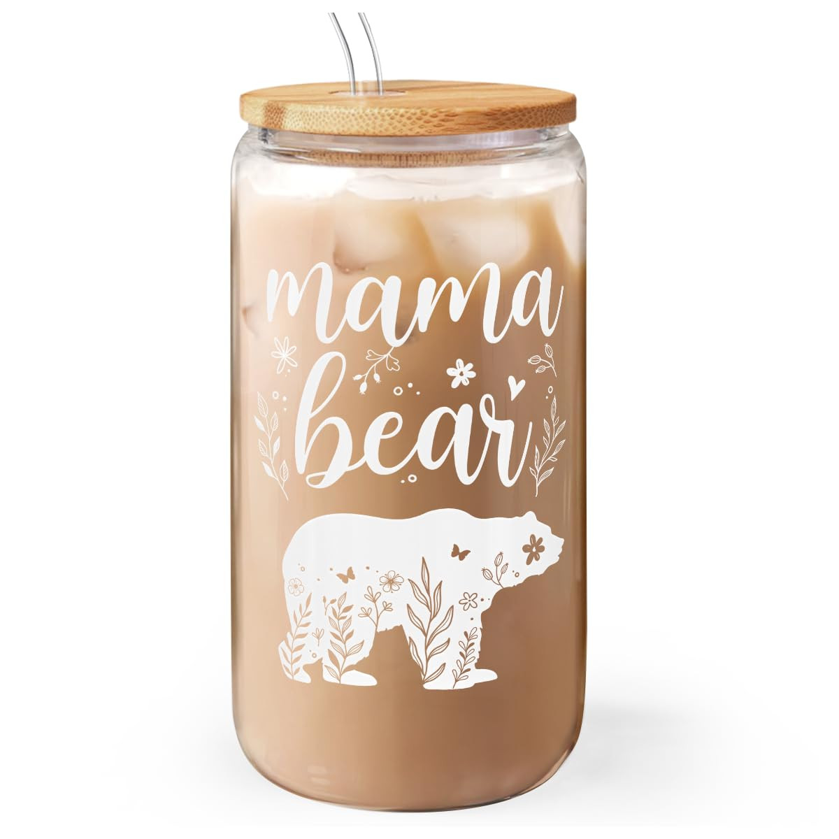 Mom Gifts - Mama Bear 16 Oz Can Glass Tumbler with Bamboo Lid and Straw - Iced Coffee Cups for Wo... | Amazon (US)