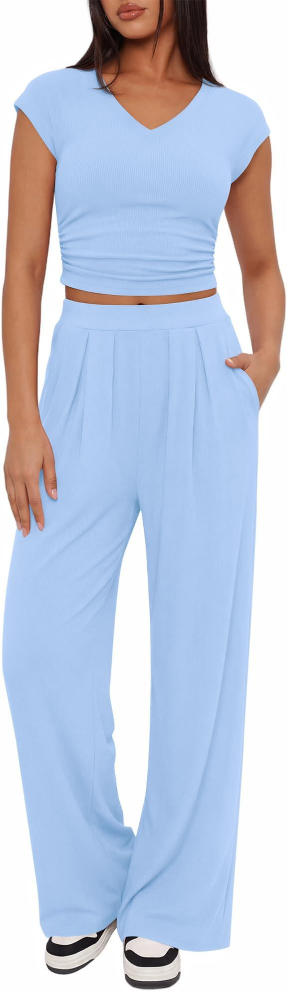 BTFBM Womens 2 Piece Outfits Spring 2026 V Neck Cap Sleeve Ruched Top Wide Leg Pants Sets Rib Kni... | Amazon (US)