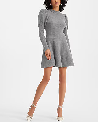 Crew Neck Puff Sleeve Satin Tie Back Sweater Dress | Express