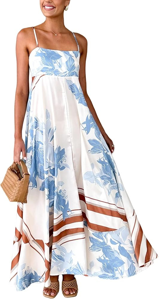 Seyumixi Women Polka Dot Striped Maxi Dress Spaghetti Strap A Line Smocked Long Dress Flowy Flora... | Amazon (US)