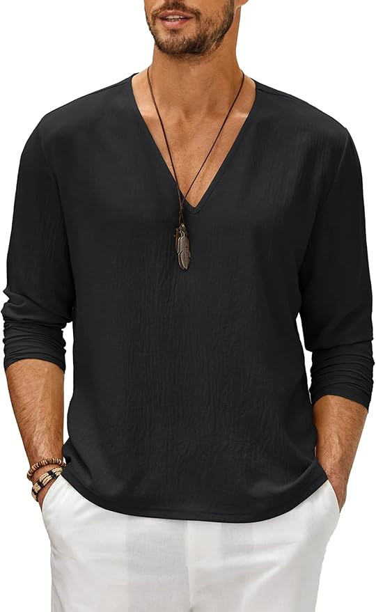 COOFANDY Men's Henley Shirts Long Sleeve Casual Hippie Beach T Shirts Deep V Neck Shirts Tops | Amazon (US)