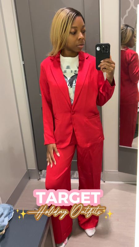 Target is really on a roll with their their holiday outfits  🙌🏾😍 🎄 I got this red satin set, featuring a blazer and matching pants. 

The set has a relaxed fit , so you can probably size down ❤️. I am wearing the jacket in an extra small and the pants and a size 4.

They currently have a sale for 30% off of all women’s clothing and accessories, so this is a great holiday sale find 🤑. 

This will be a great Christmas outfit or New Year’s Eve outfit. It can also easily be styled throughout the rest of the year. 


#LTKfindsunder50 #LTKHoliday #LTKVideo