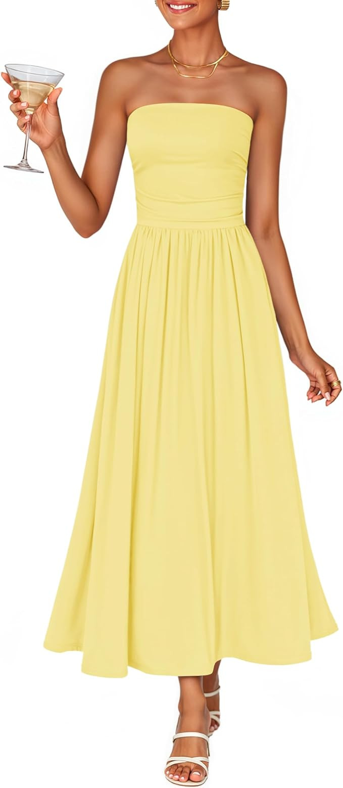 ZESICA Women's Summer Sleeveless Midi Dress 2026 Strapless Ruched A Line Flowy Wedding Guest Part... | Amazon (US)