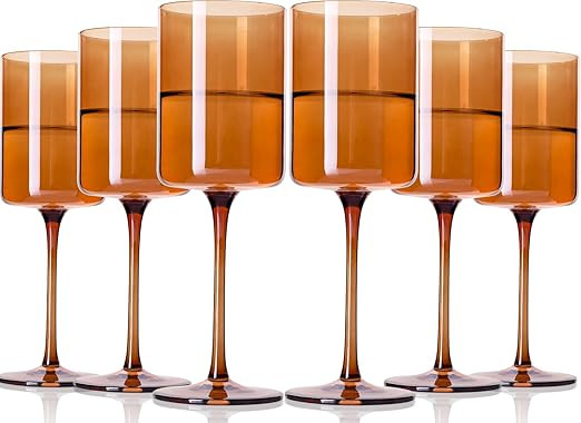 Amber Wine Glasses Set of 6 - 14oz Hand Blown Square Colored With Tall Long Stems, Modern Set for... | Amazon (US)