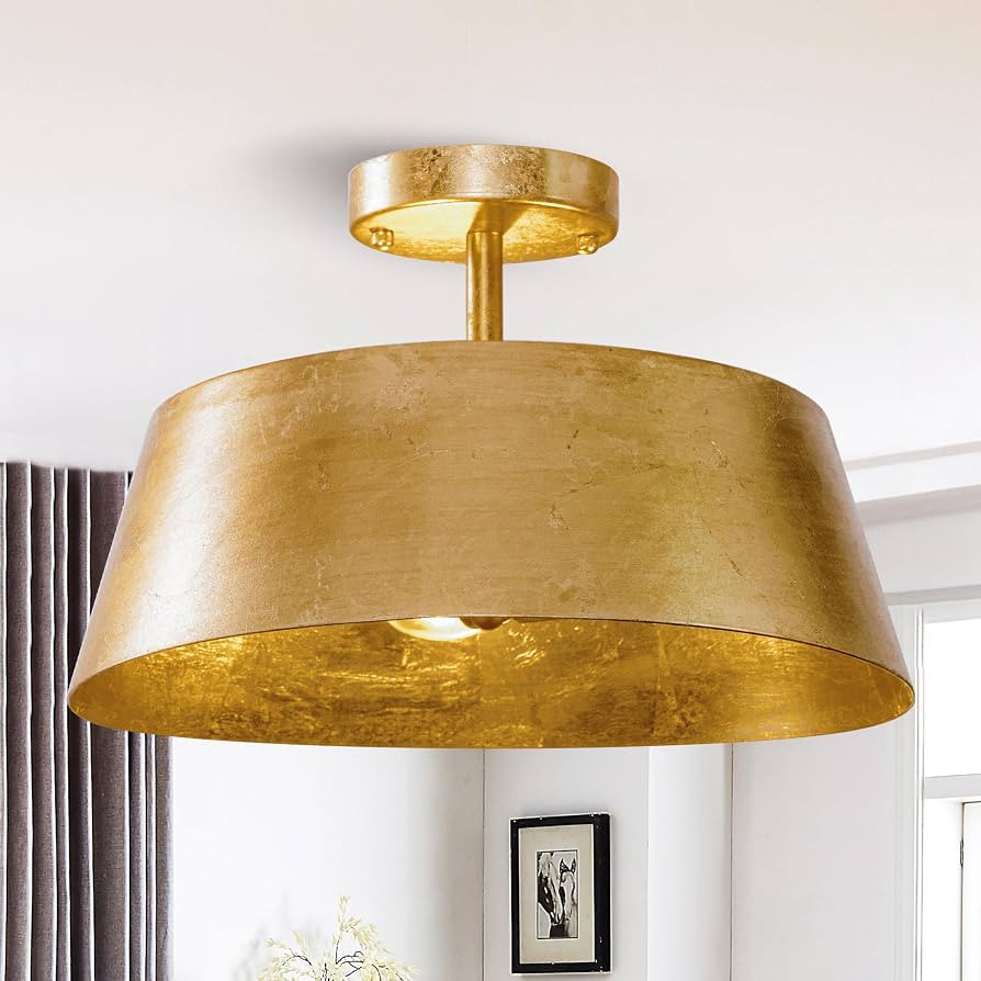 Vintage Gold Cone Semi-Flush Ceiling Light \u2013 Retro Industrial Metal Pendant Lamp, Minimalist... | Amazon (US)