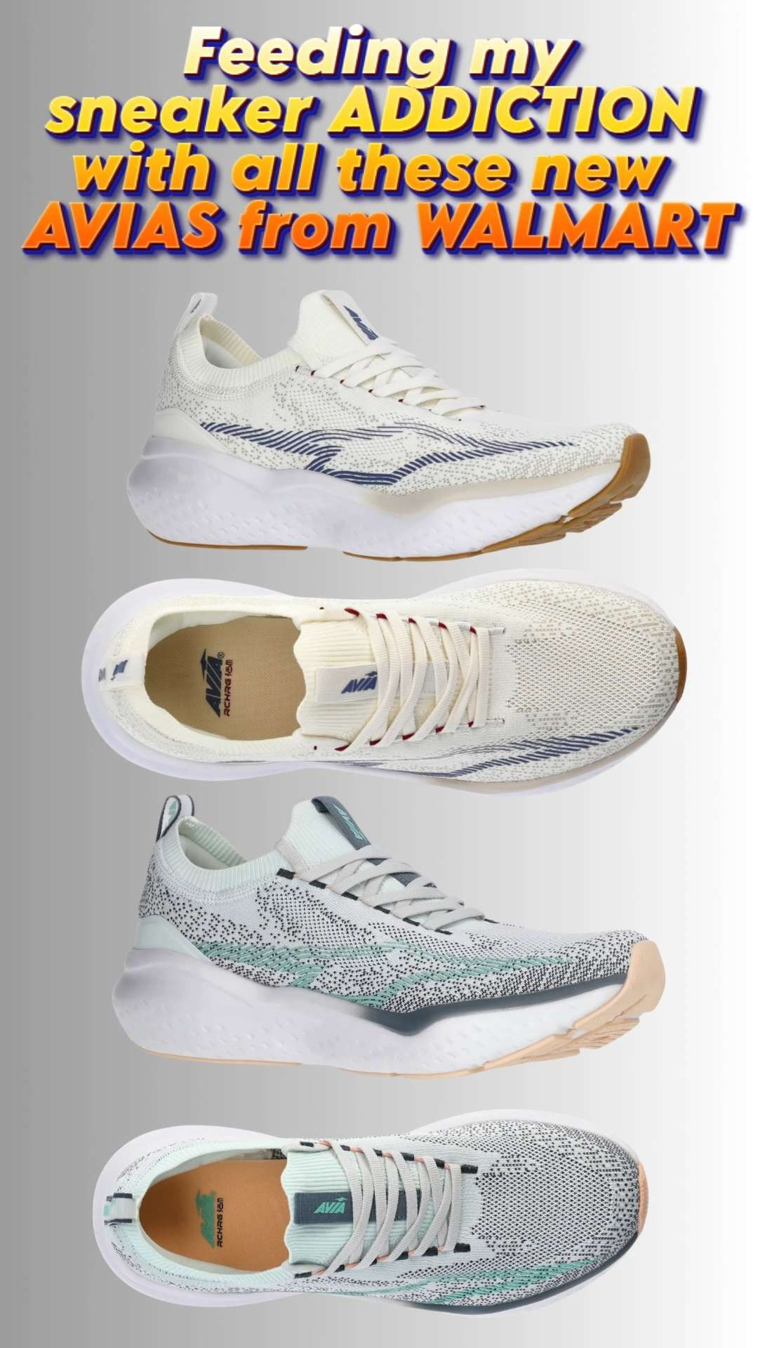 WALMART is noo good for my sneaker addiction.  AVIA literally has the best color combinations on their sneakers and they are so comfortable.  The most expensive pair is $40...so I usually get multiple colors of the same style.  

They have new styles out that blew me away!  

 #LTKmomlife #LTKActive #LTKSaleAlert