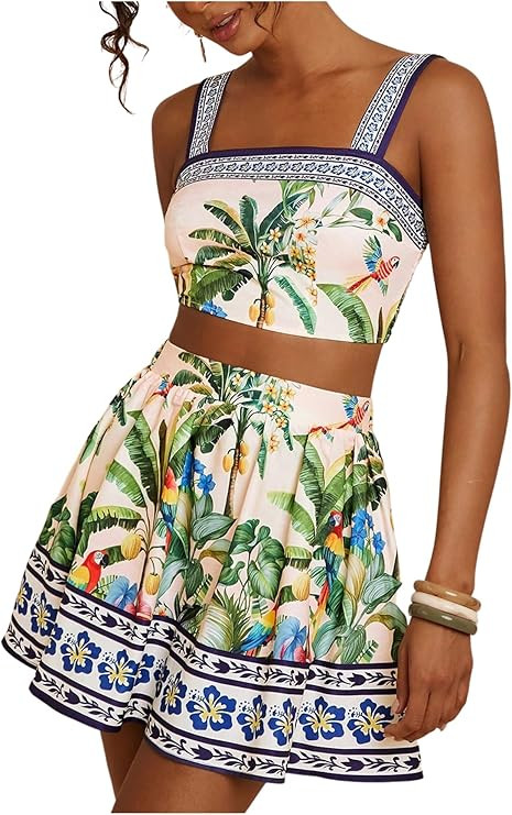 Floerns Women's Two Piece Outfit Tropical Crop Cami Top and Summer Skirts Set | Amazon (US)