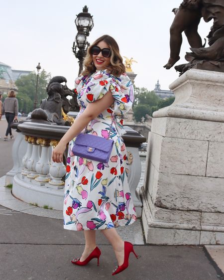 Colourful tulip dress with purple Chanel bag and wine red accessories