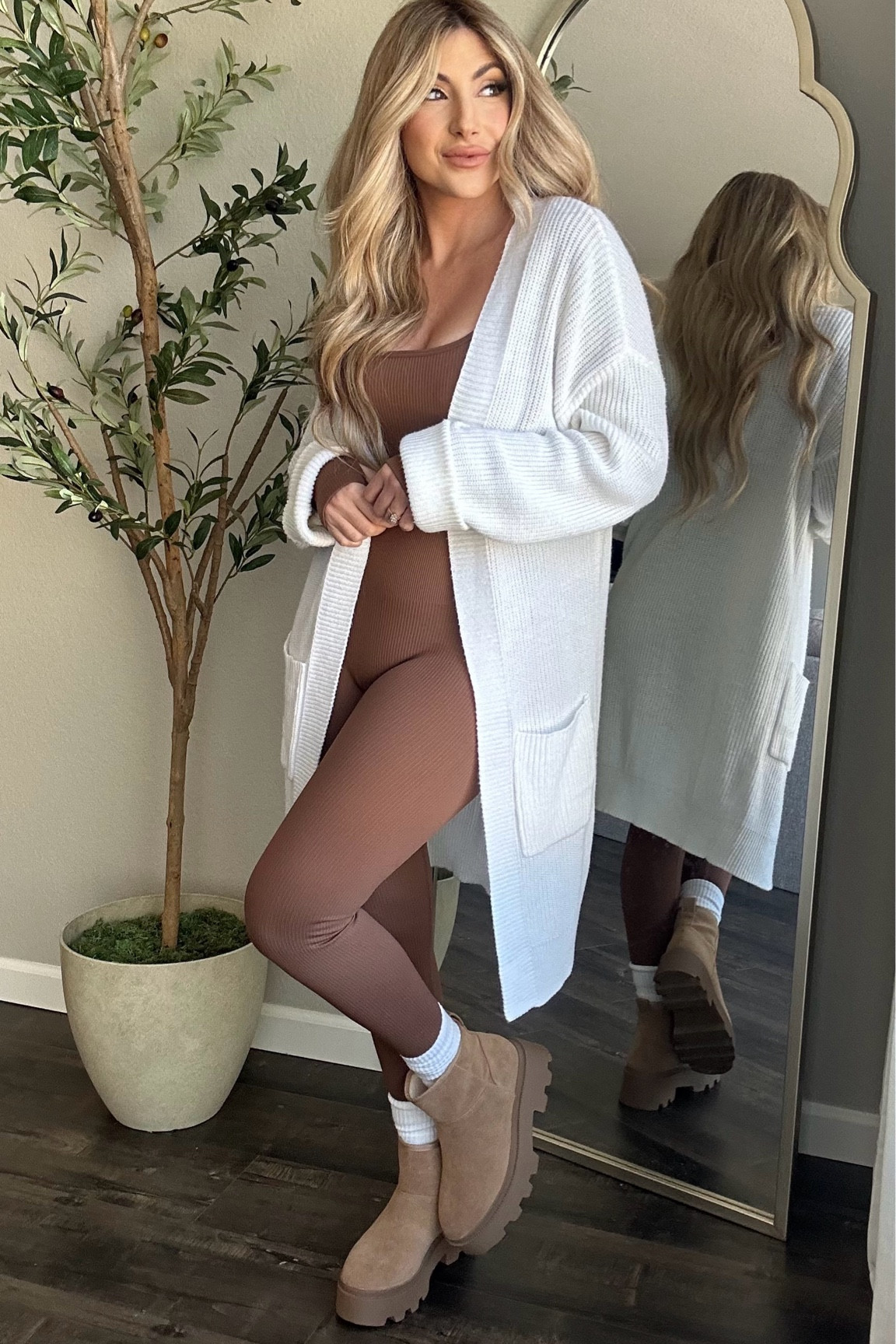 The cutest cozy outfit for fall to winter transition. Cozy outfit, casual outfit, cardigan outfit. 

#LTKstyletip #LTKfindsunder50 #LTKshoecrush