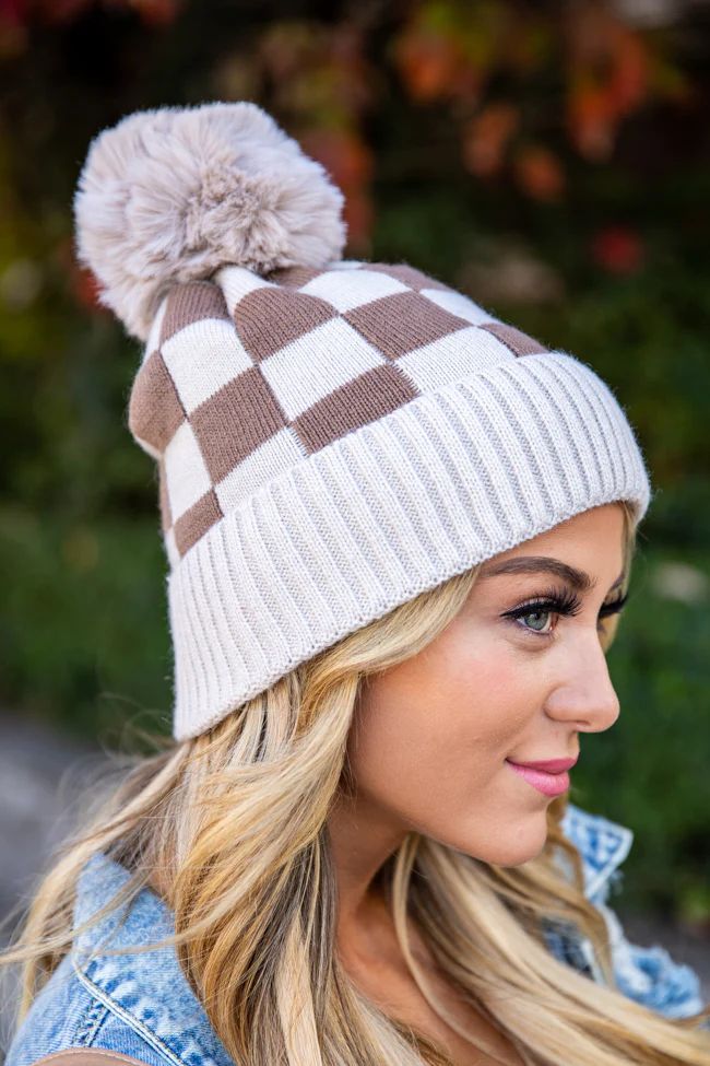 Rosy Cheeks Brown Checkered Beanie | Pink Lily