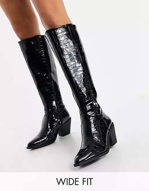 Glamorous Wide Fit knee high western boots in black | ASOS (Global)