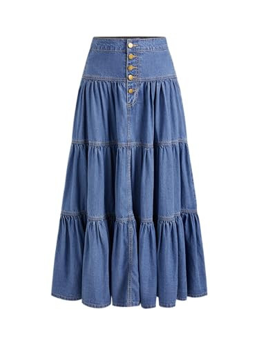 CIDER Women’s Long Jean Denim Tiered Button Down High Waisted Maxi Skirts: Mid Blue, XXS | Amazon (US)
