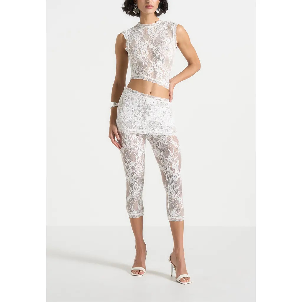 Manière De Voir Aimee Lace Asymmetric Capri Leggings in White at Nordstrom, Size Small | Nordstrom