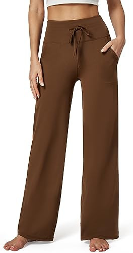 IUGA Yoga Pants Women Wide Leg Pants with Pockets High Waist Stretch Tummy Control Dress Casual Sweatpants Brown | Amazon (US)