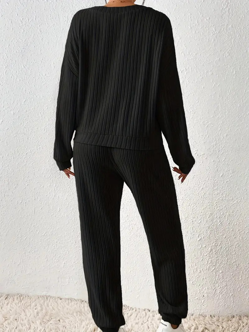 Solid Ribbed Lounge Set Casual Long Sleeve V Neck Top Pants - Temu | Temu Affiliate Program