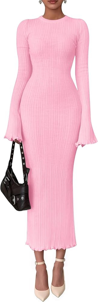 PRETTYGARDEN Sweater Dresses for Women 2025 Fall Bell Long Sleeve Crew Neck Bodycon Maxi Dress Wi... | Amazon (US)