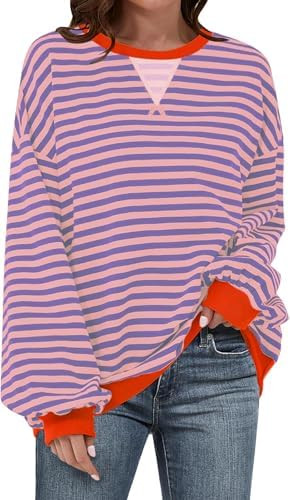 UEU Women Oversized Striped Crewneck Sweatshirt Long Sleeve Color Block Pullover Tops Casual Loos... | Amazon (US)