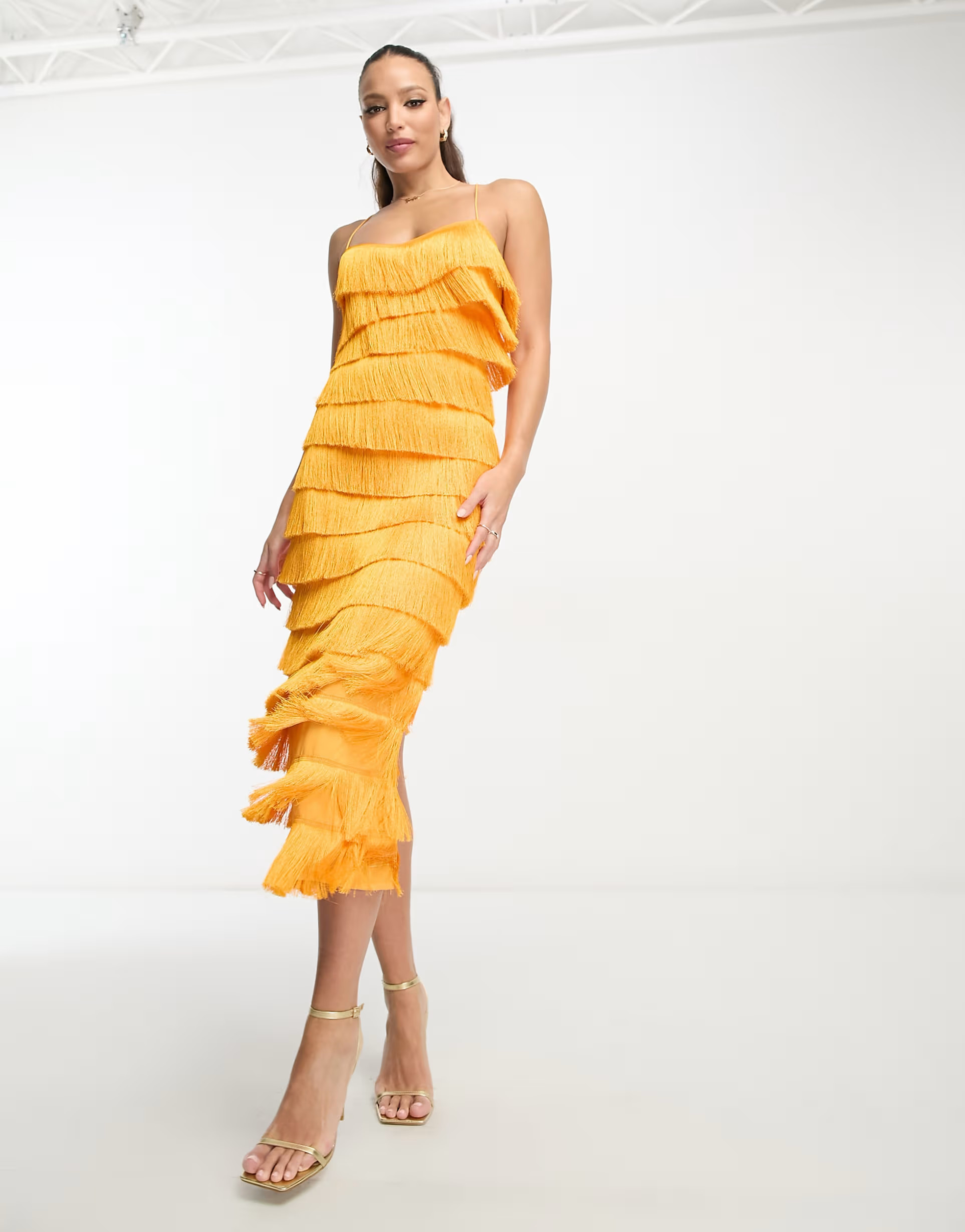 ASOS DESIGN Tall tiered midi fringed dress with cross back detail in orange | ASOS (Global)