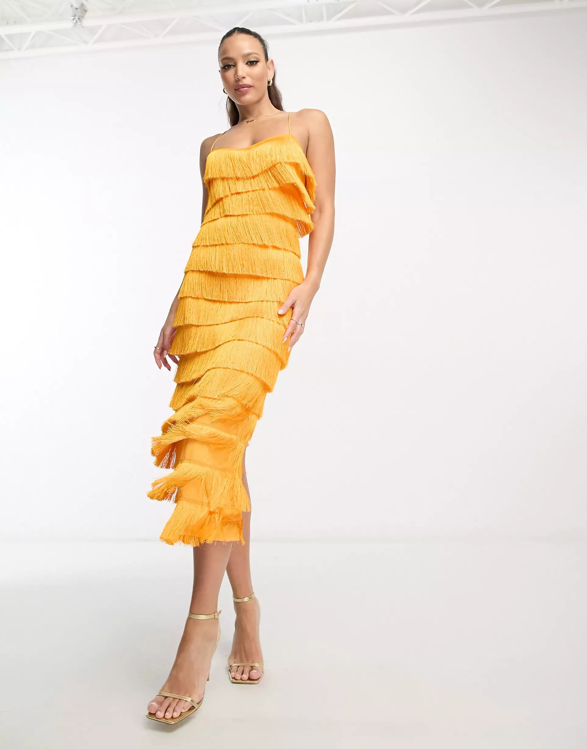 ASOS DESIGN Tall tiered midi fringed dress with cross back detail in orange | ASOS (Global)