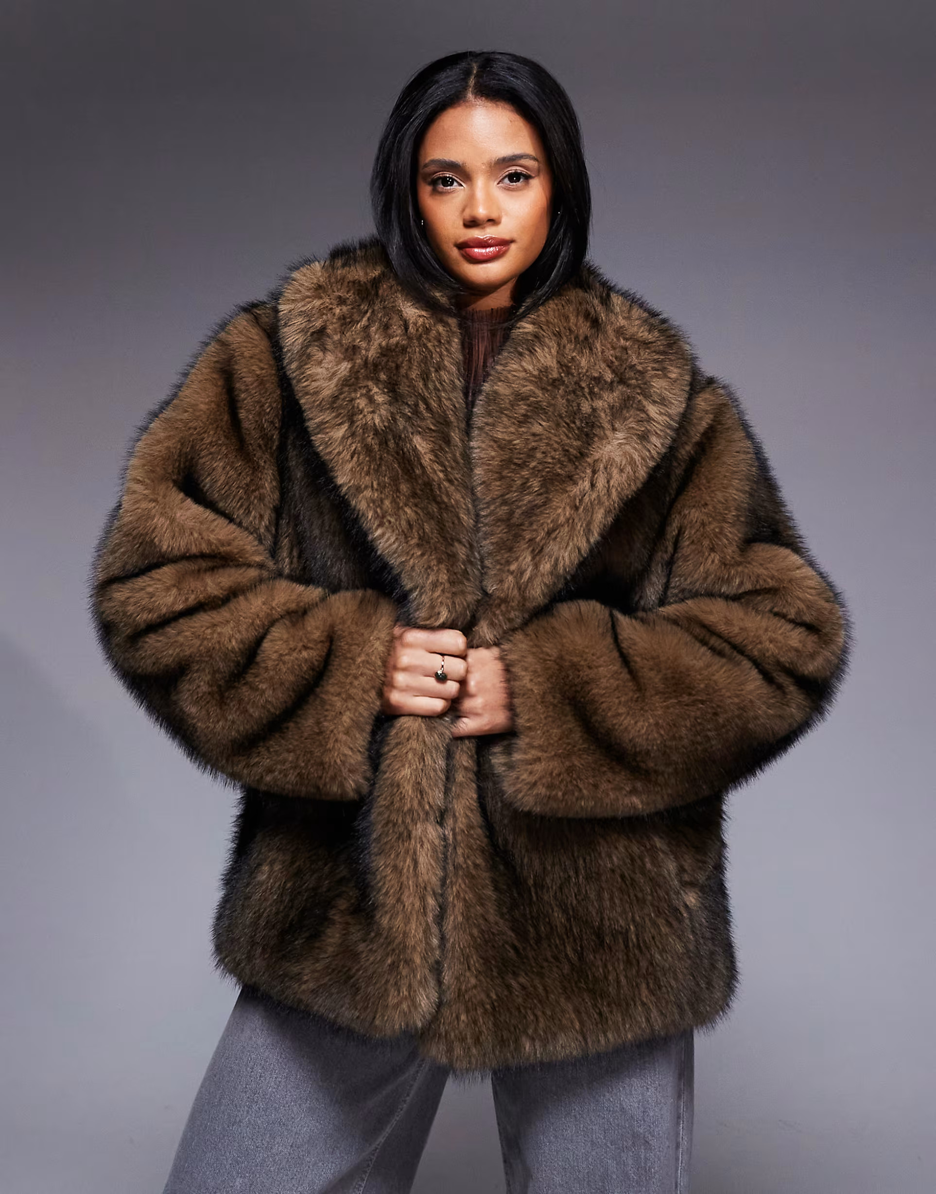 Aria Cove faux fur oversized collar wide sleeve jacket in brown tipped fur | ASOS (Global)