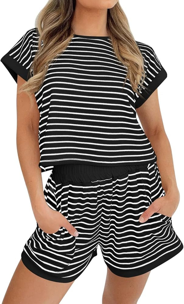 Tankaneo Womens Summer 2 Piece Sets Striped Short Sleeve T Shirts and Shorts Loungewear Matching ... | Amazon (US)