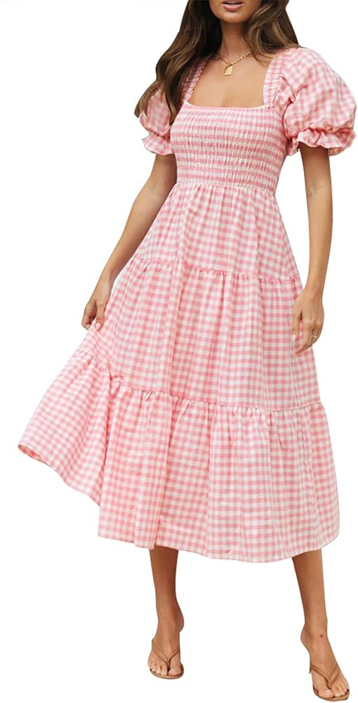 ZESICA Women's 2026 Bohemian Summer Plaid Square Neck Puff Sleeve Ruffle Flowy Beach Midi Dress | Amazon (US)