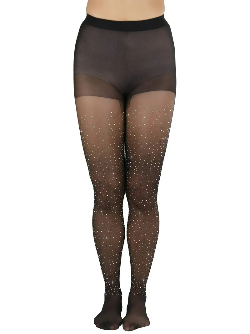 ToBeInStyle Womens Elegant Sheer Spandex Rhinestone Accent Tights - Black - One Size | Walmart (US)