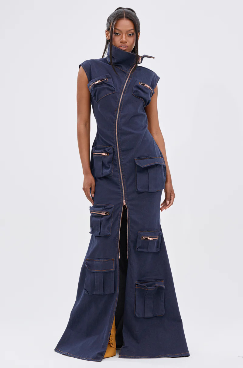 AKIRA Dont Mess With Me Collared Denim Maxi Dress | Size Large | AKIRA