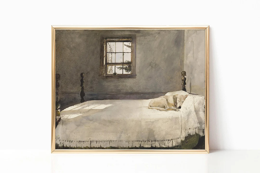 Master Bedroom by Andrew Wyeth Dog Sleeping in Bed Giclee Canvas Print Poster Framed Watercolor P... | Etsy (US)