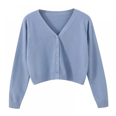 Women's spring autumn Cropped Cardigan long sleeve V-Neck Button Down short Knitted Sweater solid co | Walmart (US)