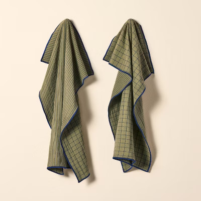 2ct Reversible Grid/Stripe Kitchen Towels Olive/Navy - Hearth & Hand™ with Magnolia: Cotton Dish Towel Set, Farmhouse Style | Target