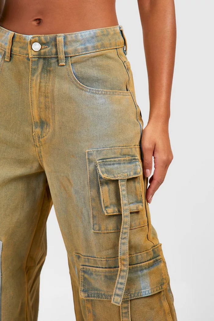 Dirty Wash Multi Pocket Wide Leg Denim Cargos | boohoo (US & Canada)