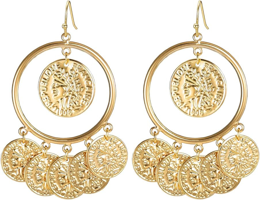 FAMARINE Vintage Tribal Chandelier Portrait Coins Hoop Drop Earrings for Women Costume Jewelry | Amazon (US)