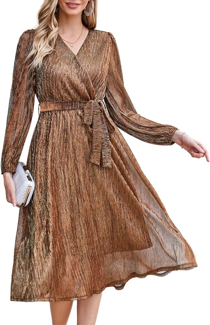 GRACE KARIN Women’s 2023 Flowy Wrap V Neck Long Sleeve Midi Dress Glitter Chiffon Wedding Guest... | Amazon (US)