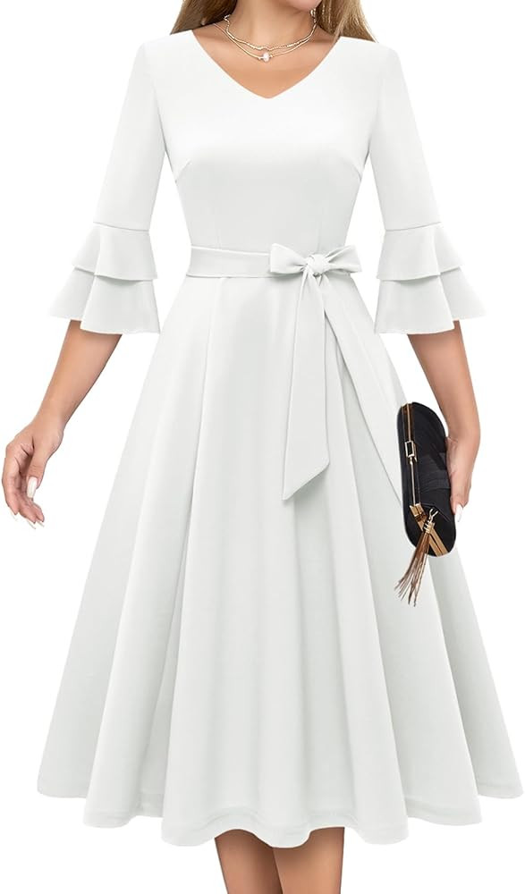 DRESSTELLS Cocktail Dress for Women Elegant & Chic V-Neck Double Bell Sleeve Formal Modest Church... | Amazon (US)