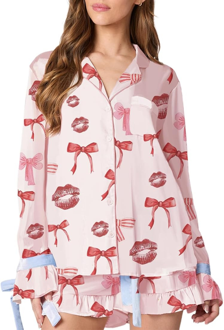 Argeousgor Valentine's Day Pajamas for Women Bow Tie Long Sleeve Shirt Ruffe Shorts Satin Heart 2... | Amazon (US)