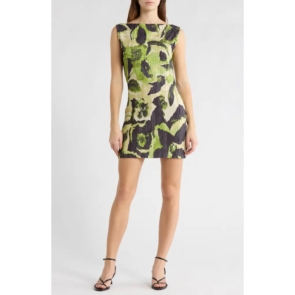 Topshop Floral Print Plissé Minidress in Mid Green at Nordstrom Rack, Size Large | Nordstrom Rack
