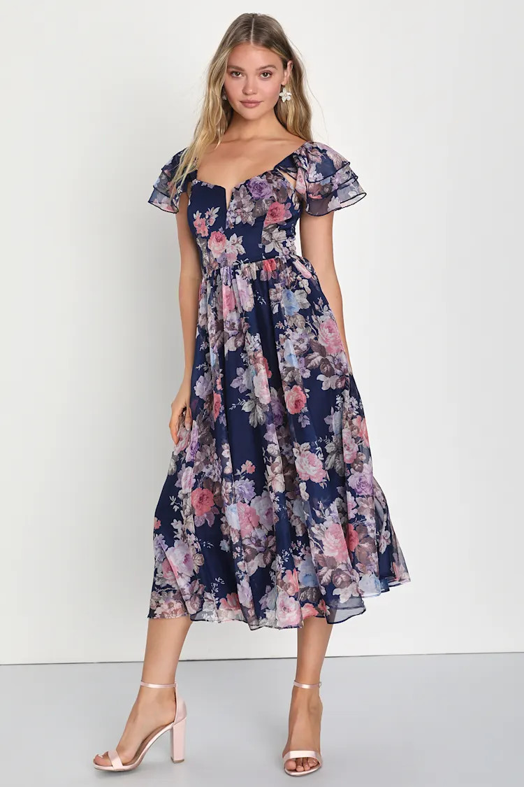 Lavish Occasions Navy Blue Floral Print Ruffled Midi Dress | Lulus (US)