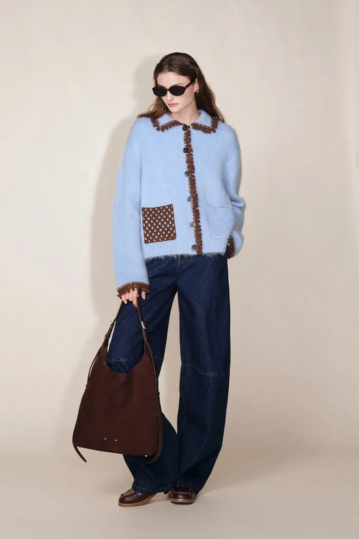 Lvy Hand Crochet Pom Pom Cardigan in Mohair Blend Knit | Fabrique