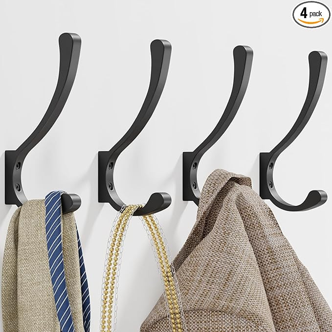4 Pack Large Heavy Duty Wall Hooks - Black Metal Coat & Bag Hooks, Screw In, Mounted, Holds Coats... | Amazon (US)