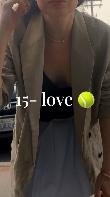 How to style a tennis skirt: 
Going with an oversized linen blazer (Everlane) + silk cami (Sezane) + Gucci screener sneakers. 
🎾🎾🎾 Accessories: Bottega Veneta Cabat bag + pearls (Catbird NYC). 

#LTKSeasonal #LTKVideo #LTKSaleAlert