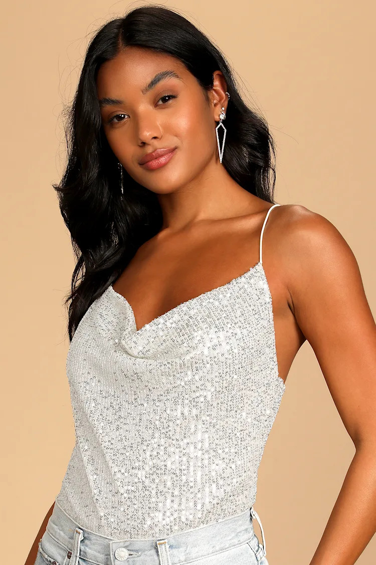 Here to Slay Silver Sequin Cowl Neck Bodysuit | Lulus (US)