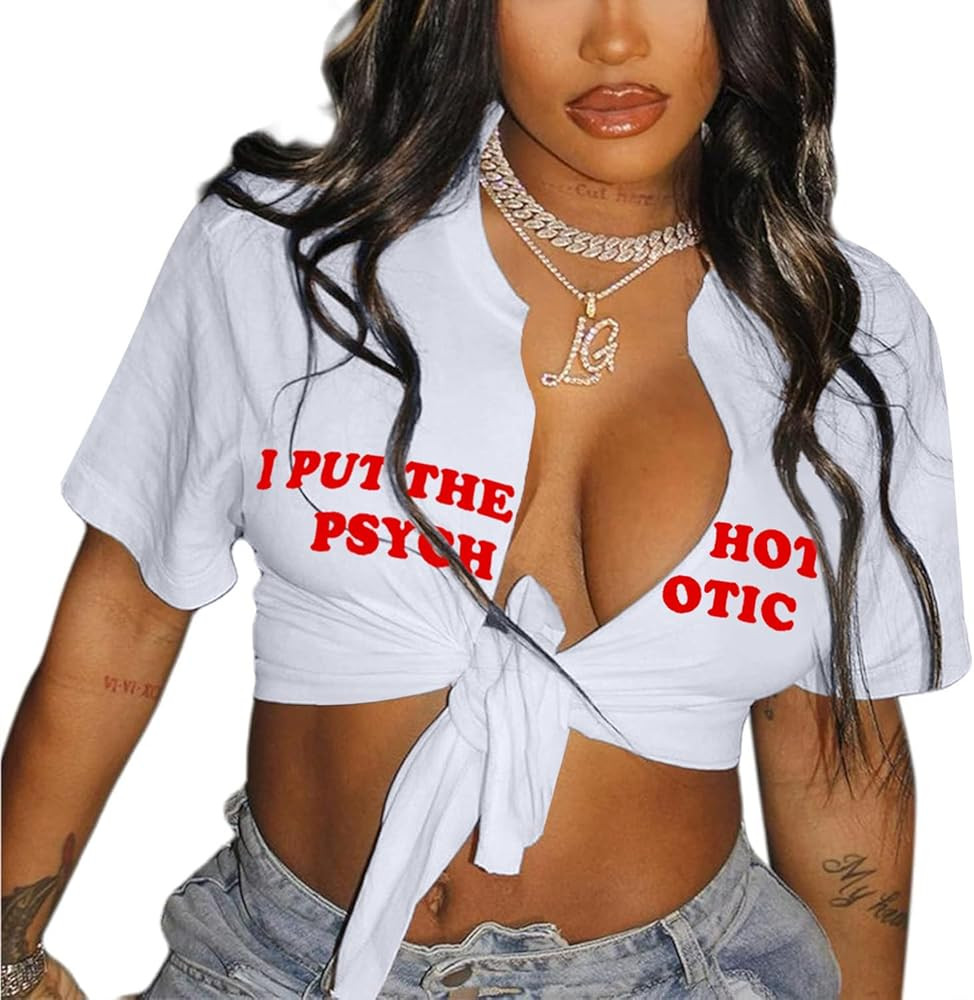 LovelyWholesale Graphic Crop Tops for Women Sexy Tie Front Top Summer Short Sleeve V Neck T Shirt | Amazon (US)