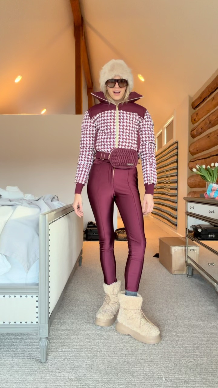 Day 1 skiing outfit!✨ Obsessed with the houndstooth print & burgundy color. 

 #LTKgrwm #LTKootd #LTKSeasonal