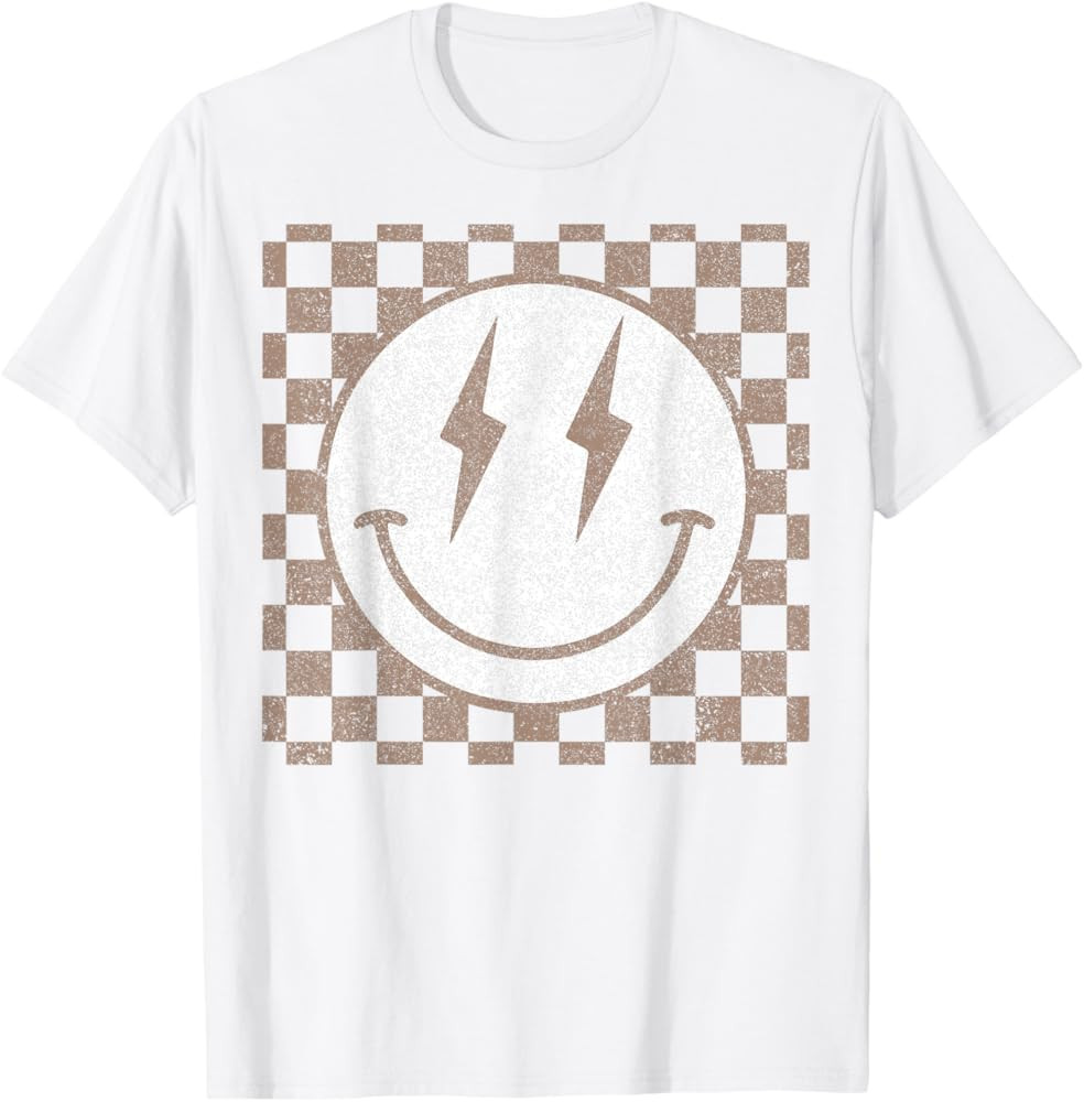 Retro Happy Face Checkered Pattern Smile Face Trendy T-Shirt | Amazon (US)